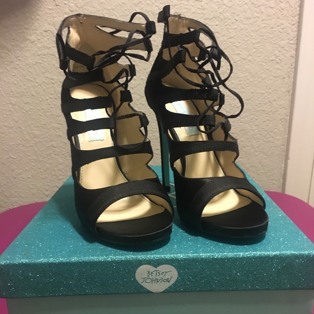 Betsey Johnson Blue 'Mila' Black Satin Strappy Heels Size 7